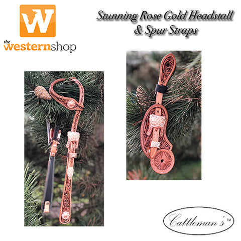 GVR Floral Tooled Double Ear Headstall & Spur Strap Set- Rose Gold