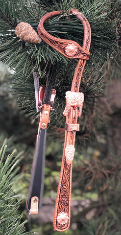 GVR Floral Tooled Double Ear Headstall & Spur Strap Set- Rose Gold